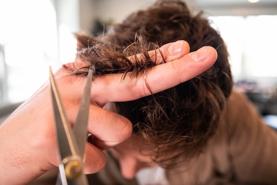 A stylist cutting hair with scissors